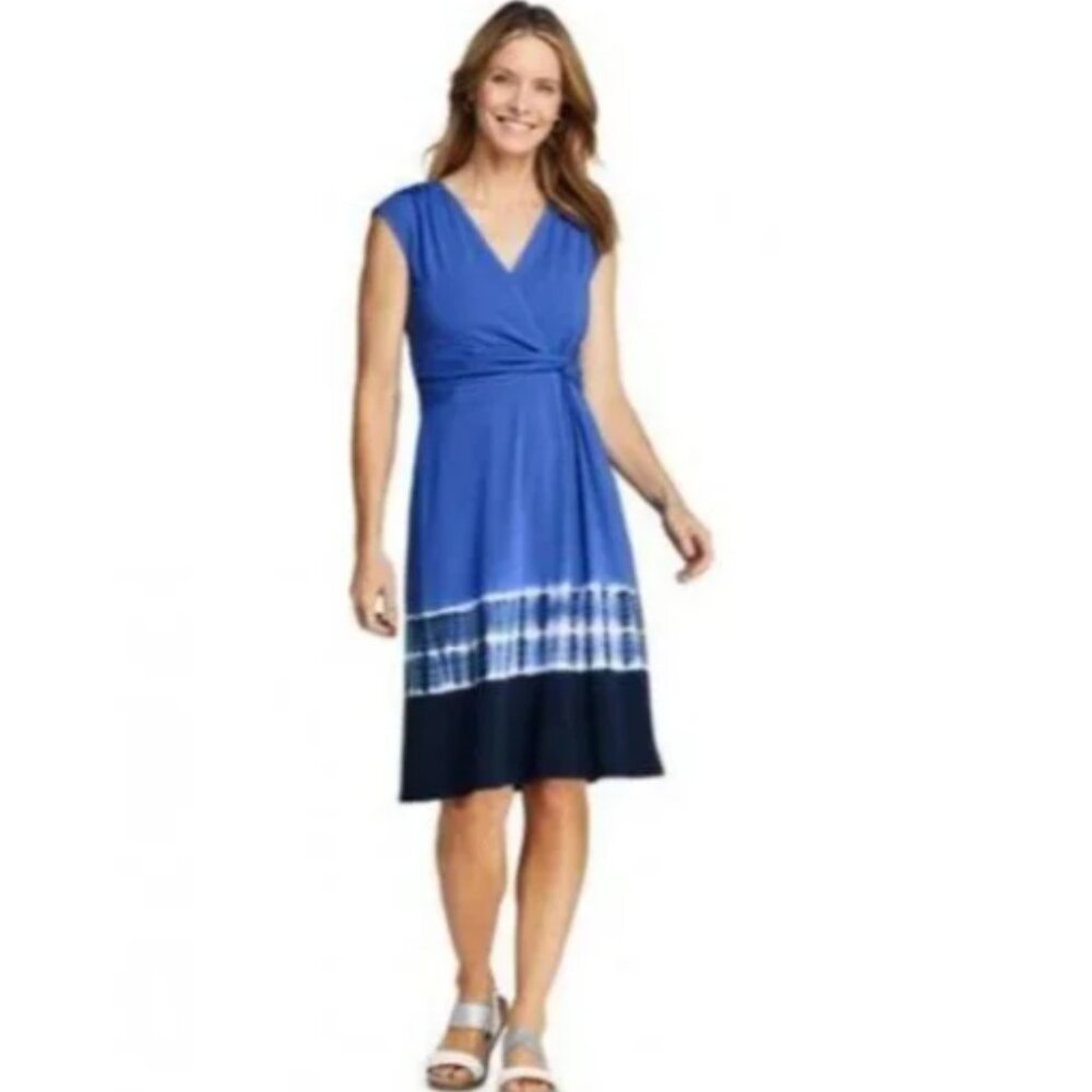 NWT Lands' End Surplice Twist Wrap Fit & Flare Tie Dye Dress Cabana Blue Medium